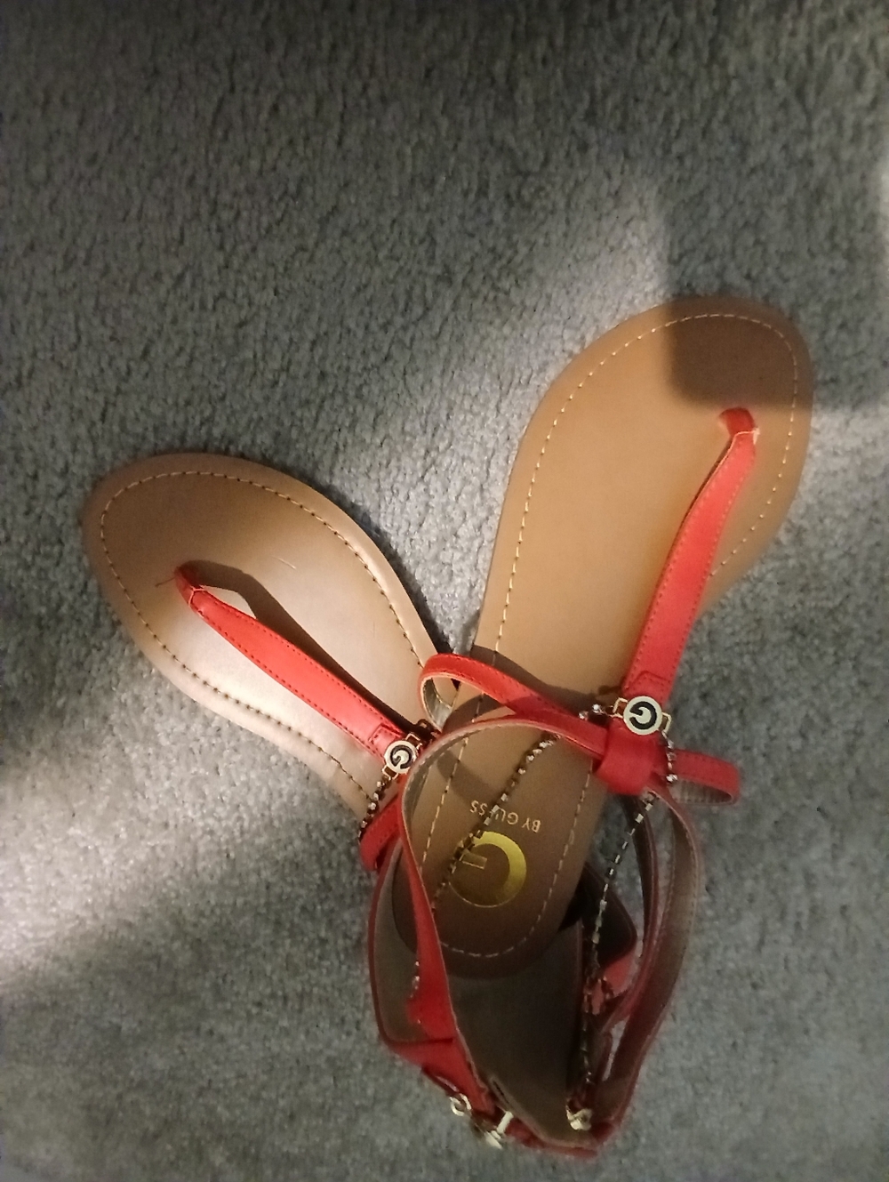 Guess Red T-Strap Ankle Sandals with Gold Accents